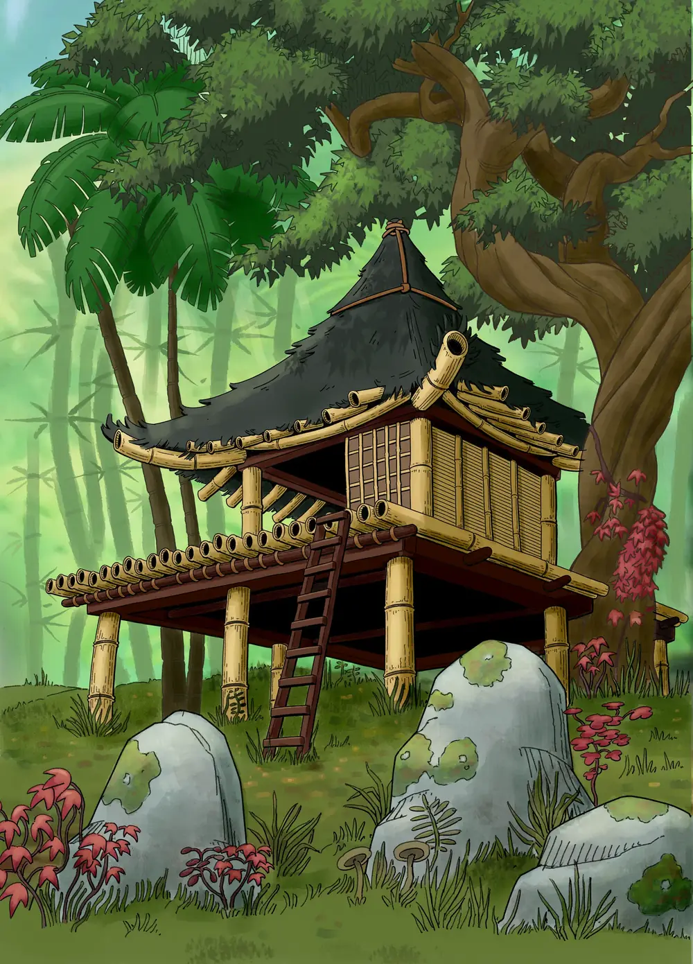 La demeure de Rashmad, pavillon de bois sur pilotis perdu dans la jungle, entre rochers moussus et fleurs rouges.