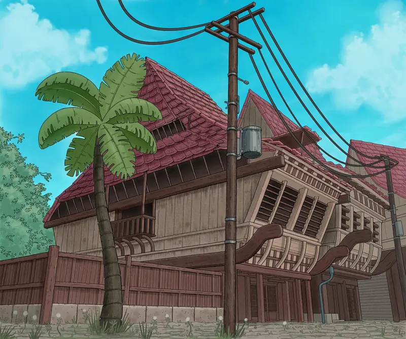 La maison de Malik, toit de tuiles rouges et poteaux électriques, sous un ciel turquoise.