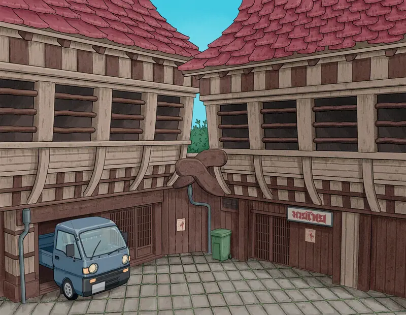 La cour couverte de Pong Po, galeries de bois sombre et camionnette bleue garée le long du mur.