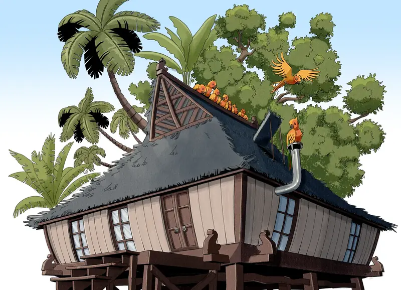 La maison de Wira et Hiba, sur pilotis sous les palmiers, un oiseau doré posé sur le toit.