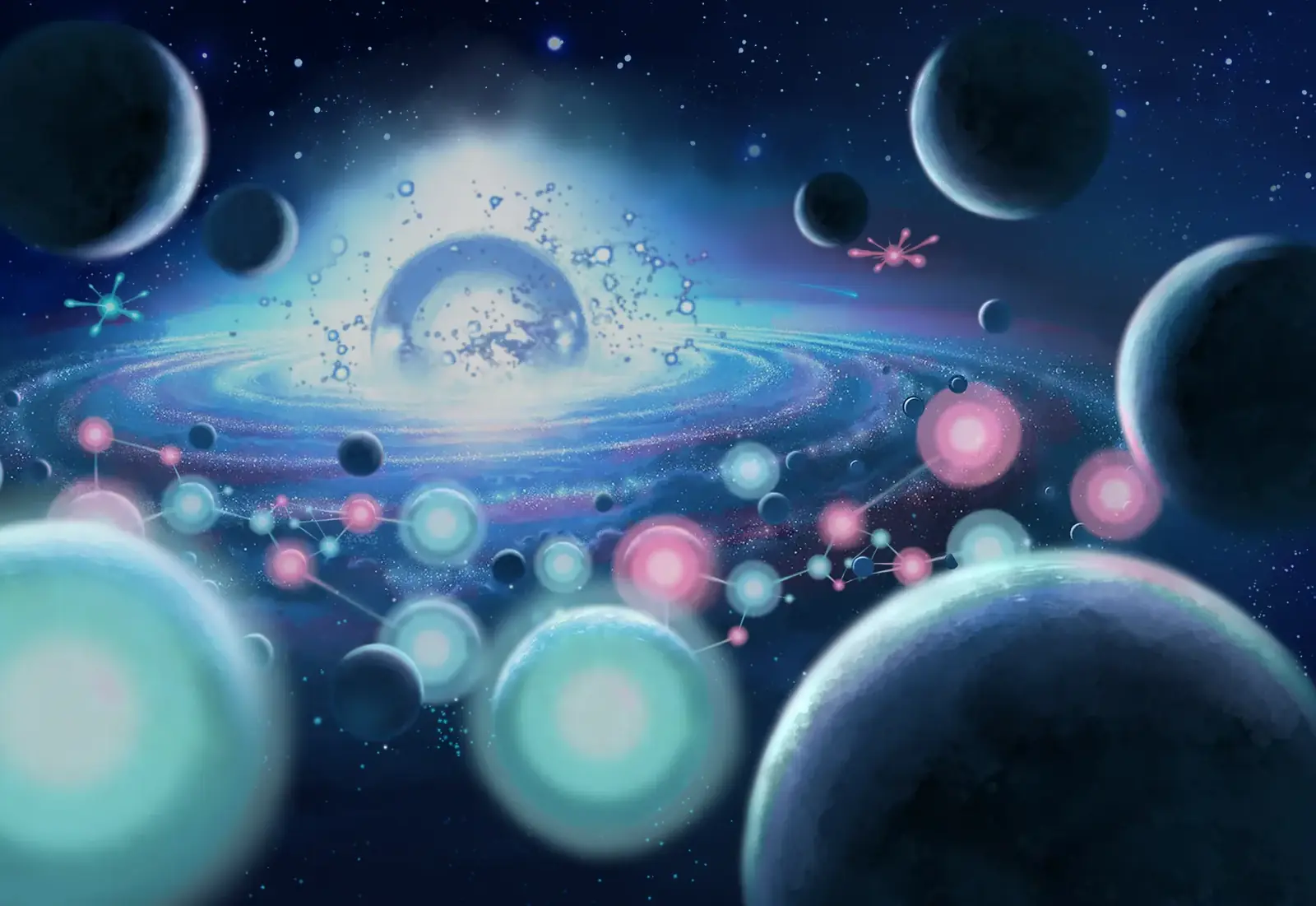 Le Monde des cœurs : une galaxie spiralée, des planètes et des sphères lumineuses dans un bleu profond.