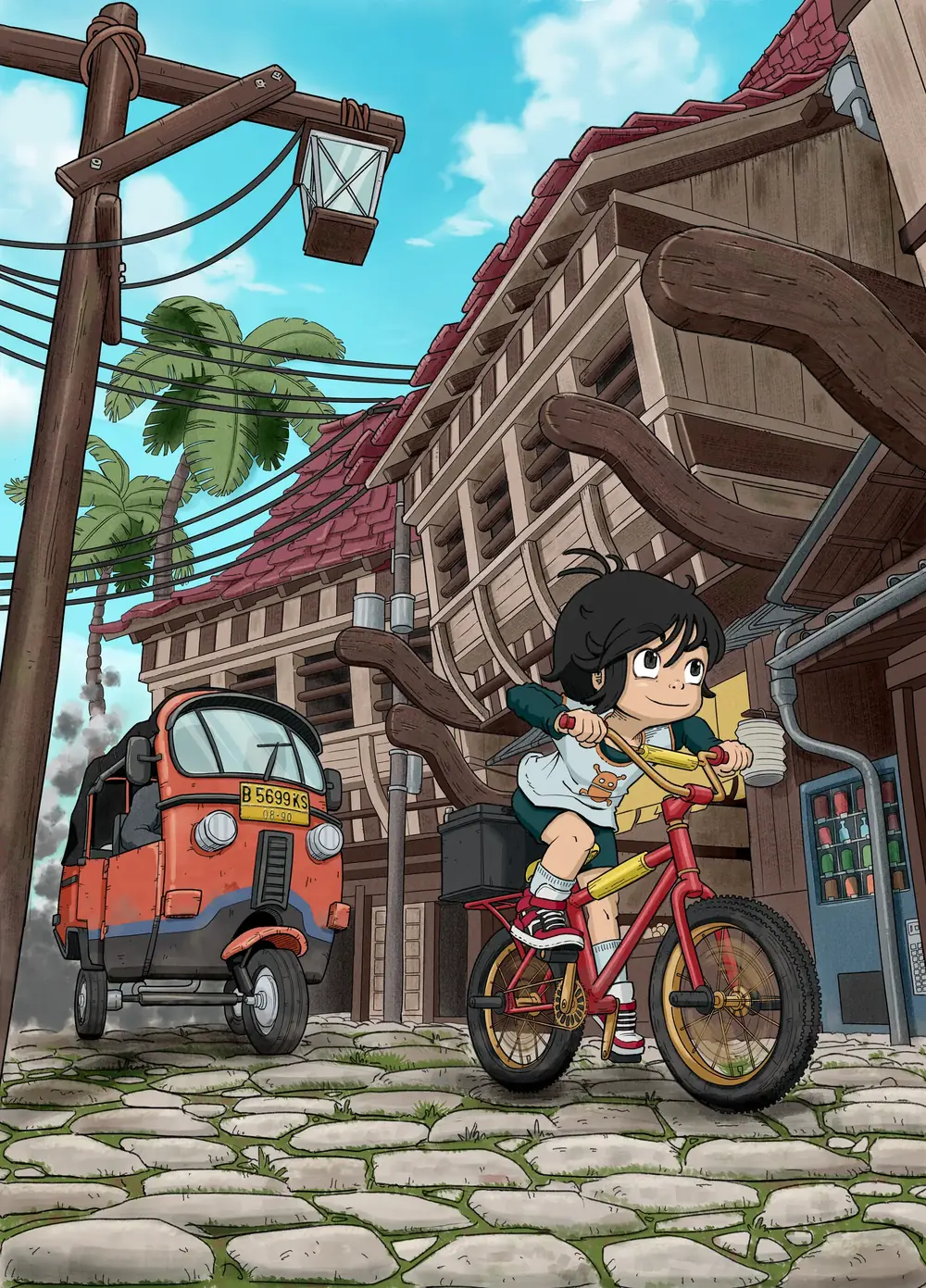 La rue pavée du village : Wira et Hiba à vélo devant un tuk-tuk rouge, entre les maisons de bois sur pilotis.