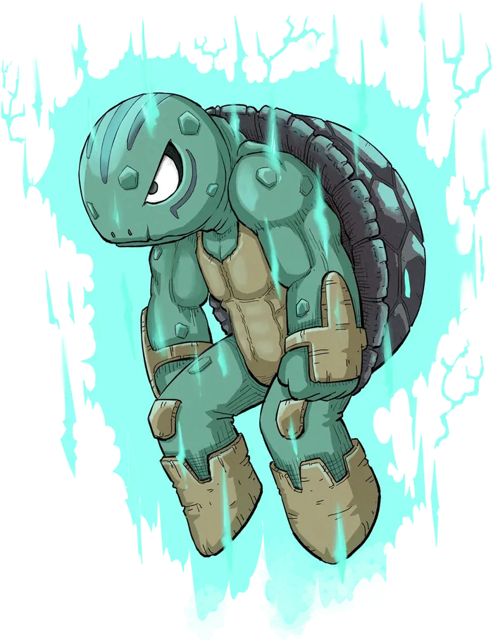 Sabran, la créature-tortue d’HIDAYA, entourée d’une énergie turquoise.